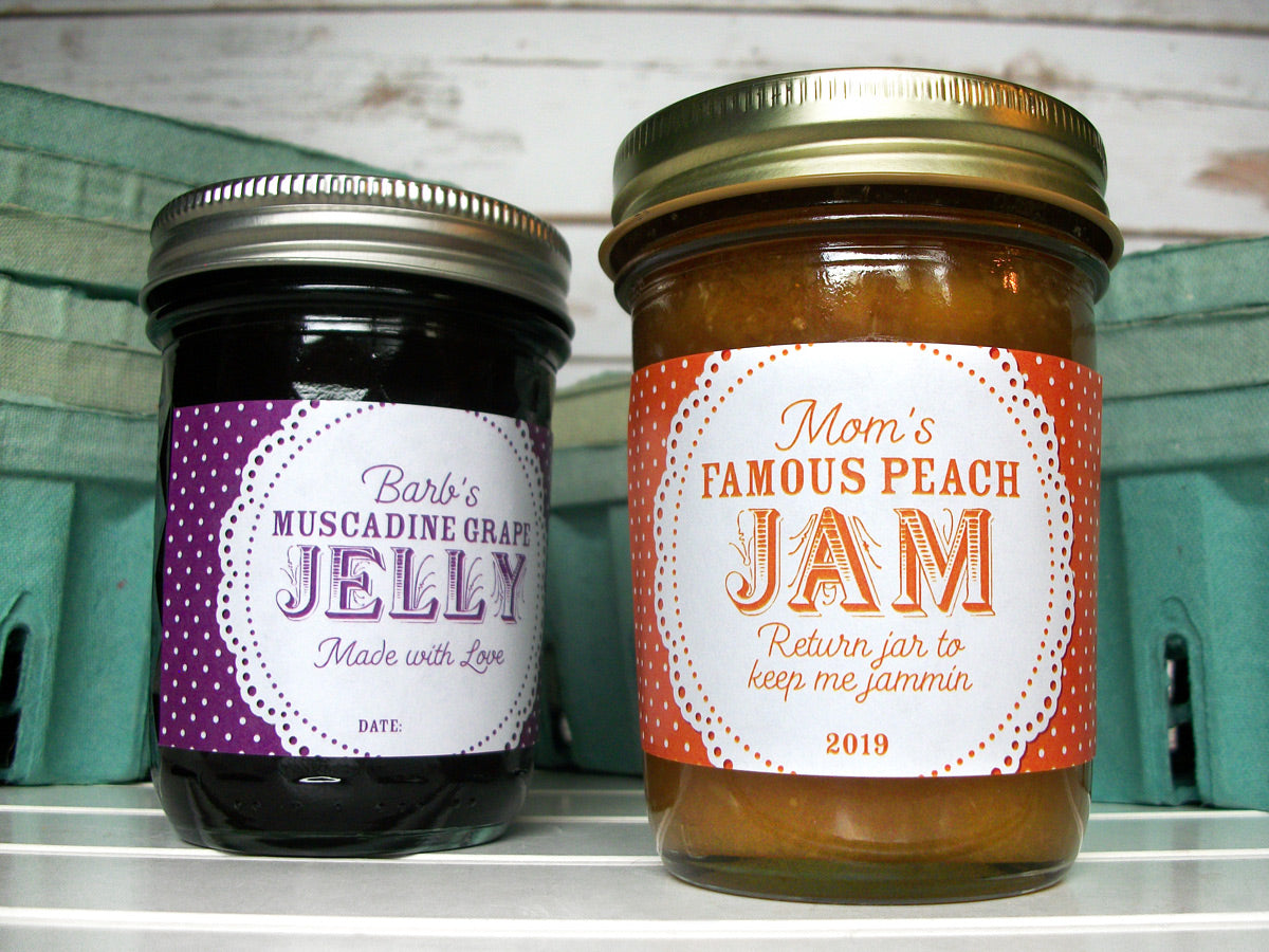 Custom Colorful Doily Rectangle Jam & Jelly Jar Labels | CanningCrafts.com