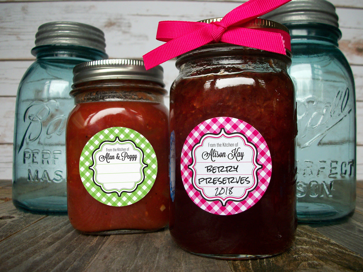 Custom Gingham Kitchen Canning Jar Labels printed with your name | CanningCrafts.com