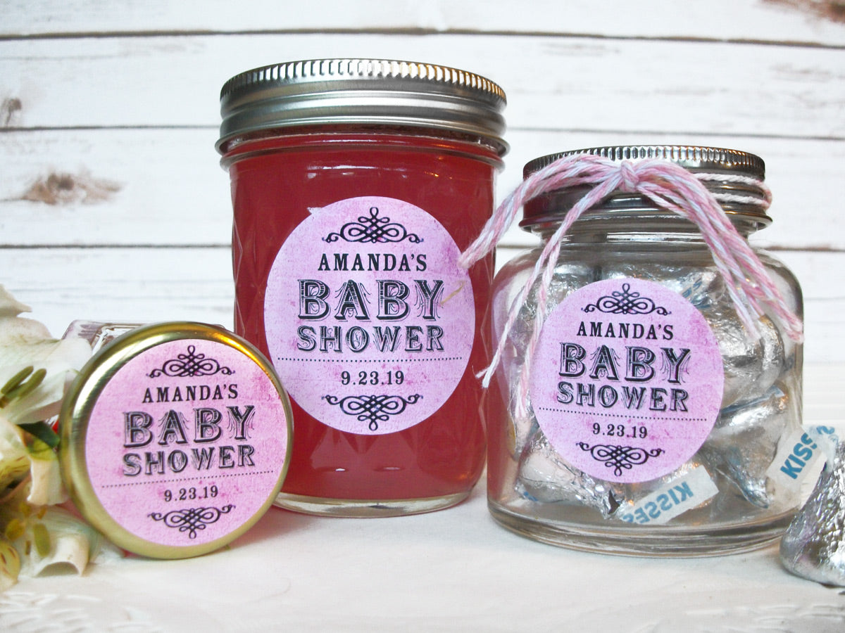 custom vintage pink baby girl shower favor labels | CanningCrafts.com