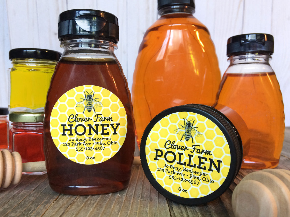 custom yellow & black honey and pollen labels for backyard beekeepers | CanningCrafts.com