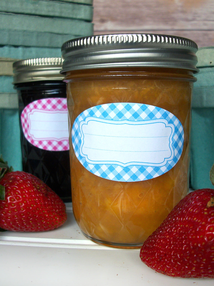Oval Bright Gingham Jam & Jelly Mason Canning Jar Labels | CanningCrafts.com