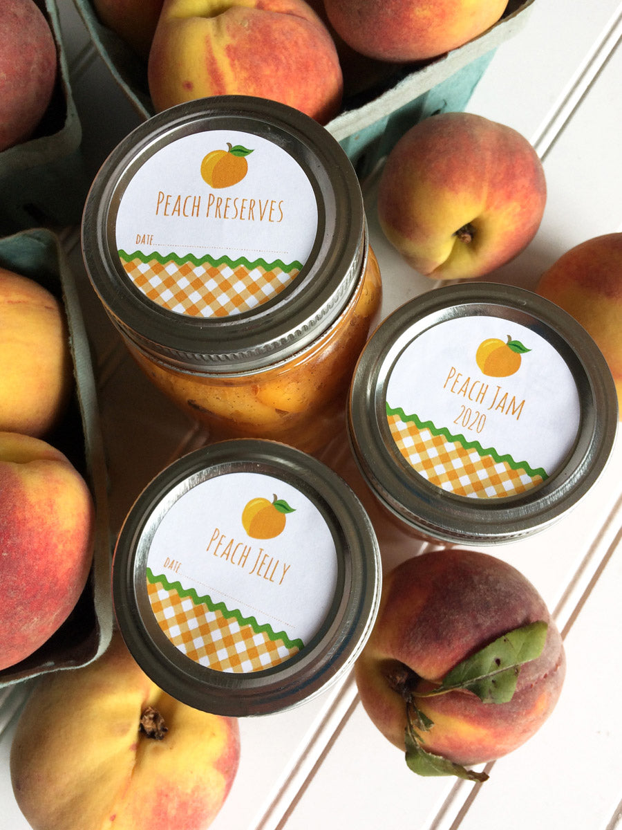 Gingham Peach Jam, Jelly, and Preserves Canning Jar Labels for regular and wide mouth mason jar lids | CanningCrafts.com