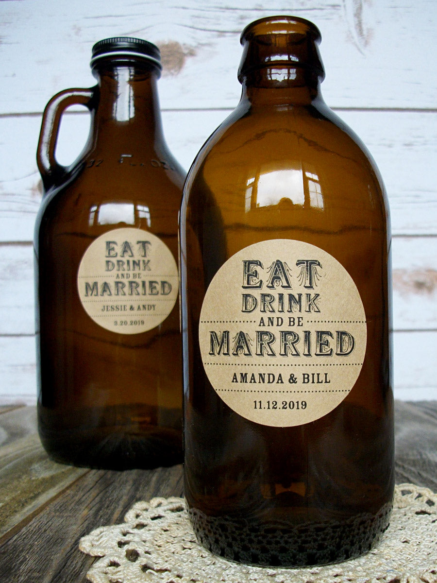 Custom Kraft Eat Drink & Be Married Wedding Wine & Alcohol Bottle Labels | CanningCrafts.com
