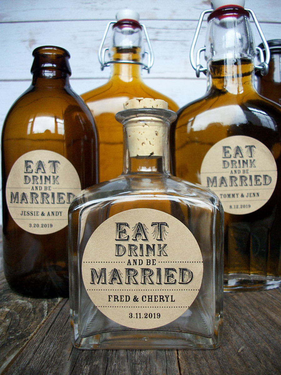 Custom Kraft Eat Drink & Be Married Wedding Wine & Alcohol Bottle Labels | CanningCrafts.com