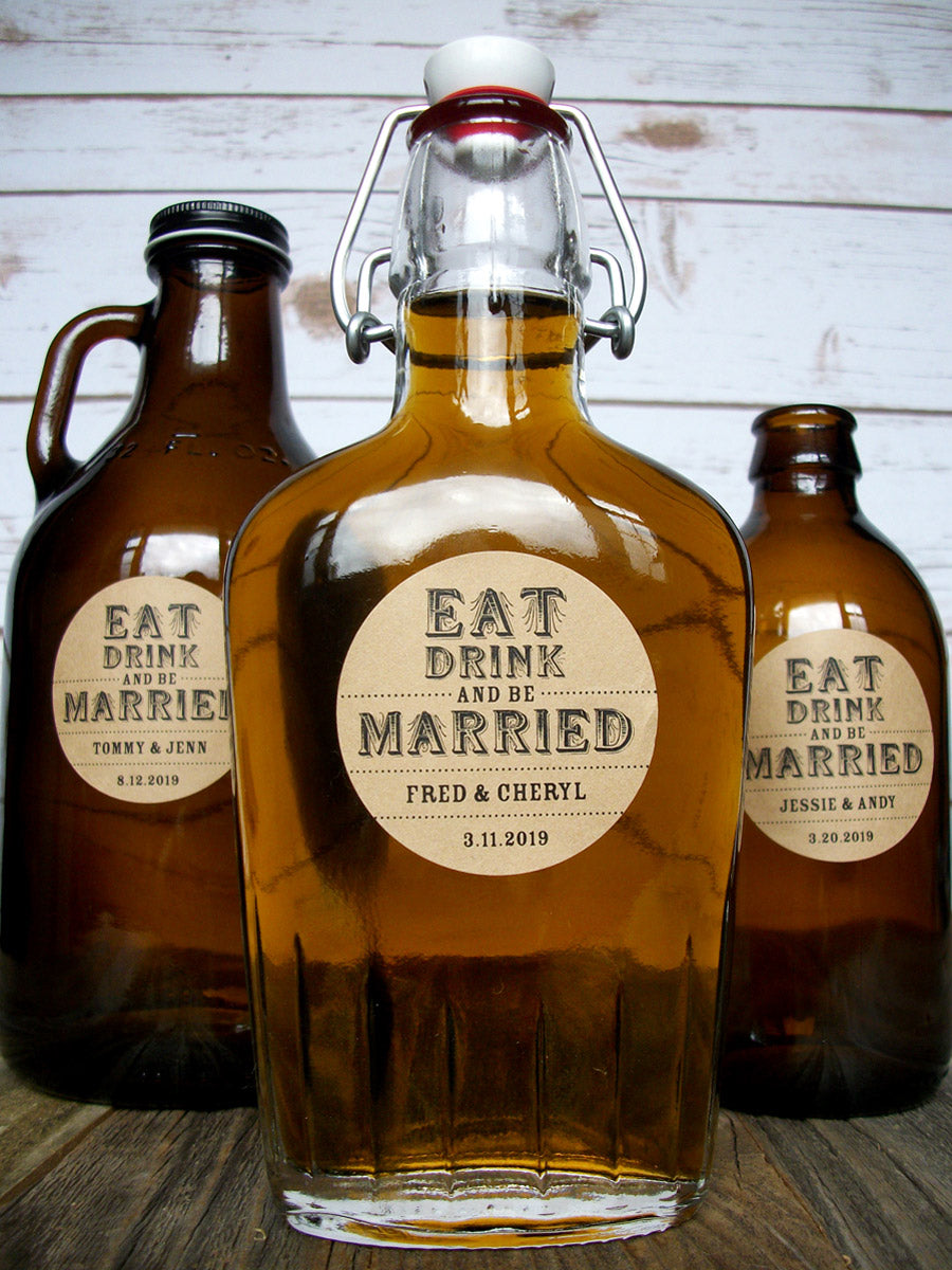 Custom Kraft Eat Drink & Be Married Wedding Alcohol Labels | CanningCrafts.com