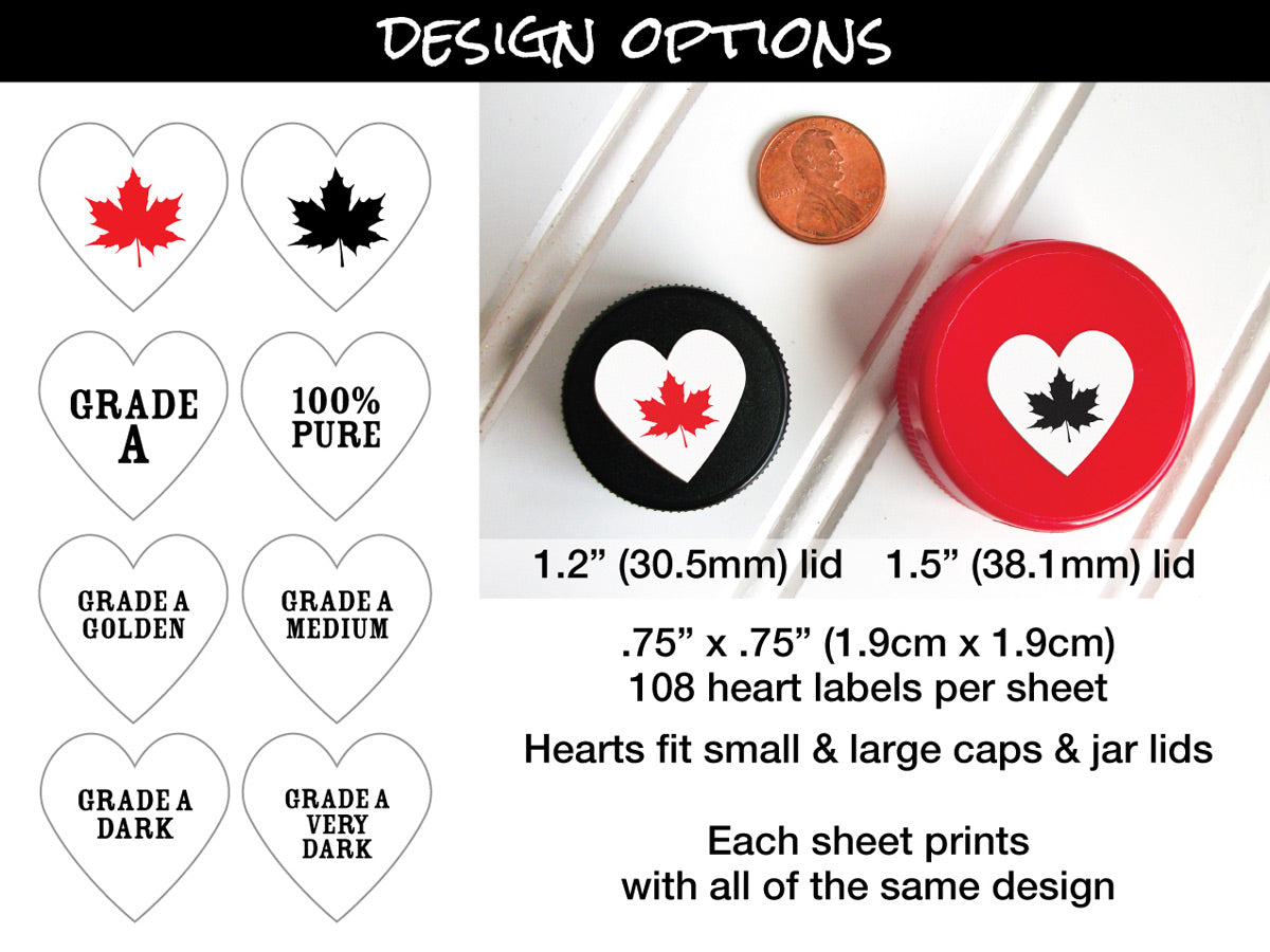Heart Maple Syrup Grade Labels lid size chart | CanningCrafts.com