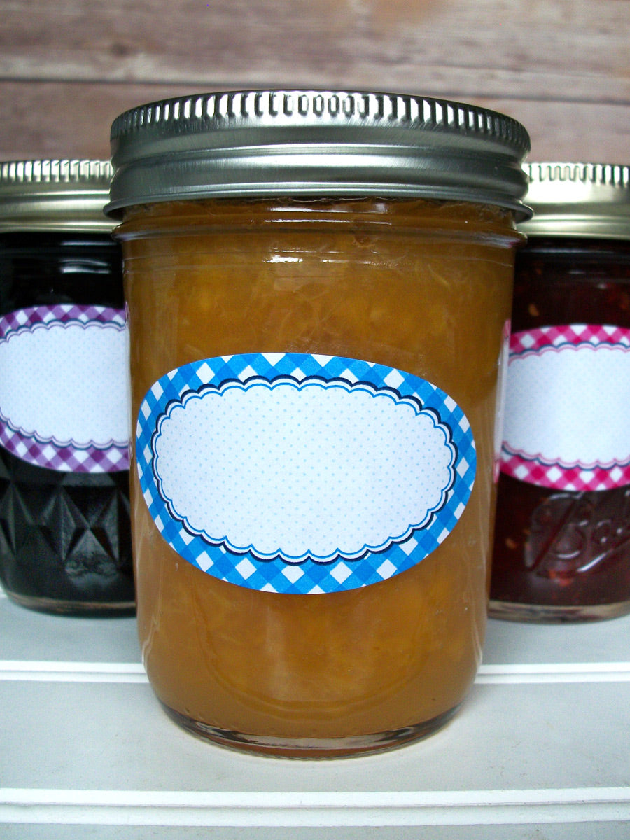 Oval Farmer's Market Gingham Jam & Jelly Canning Jar Labels | CanningCrafts.com