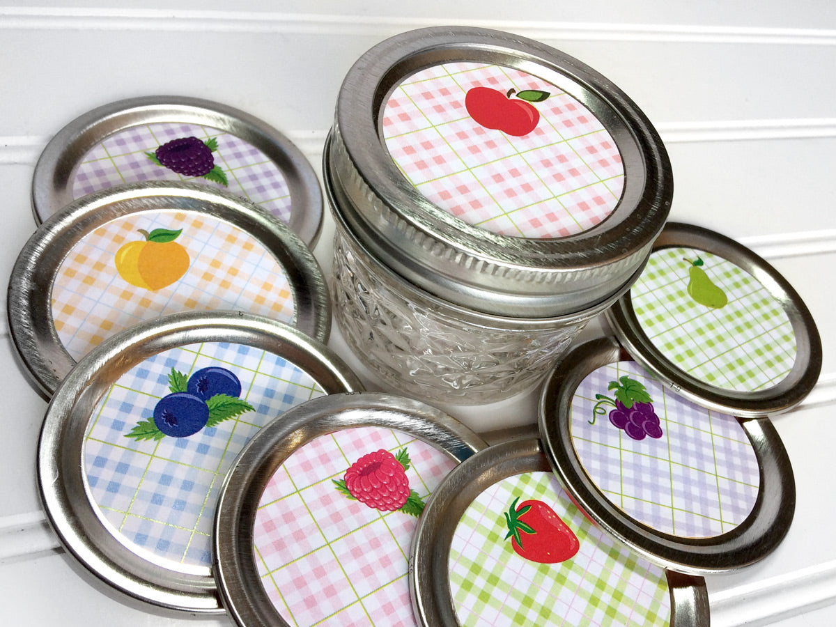 Plaid Fruit Canning Labels for peach, strawberry, blueberry, red & black raspberry, pear, fruit, apple, grape | CanningCrafts.com