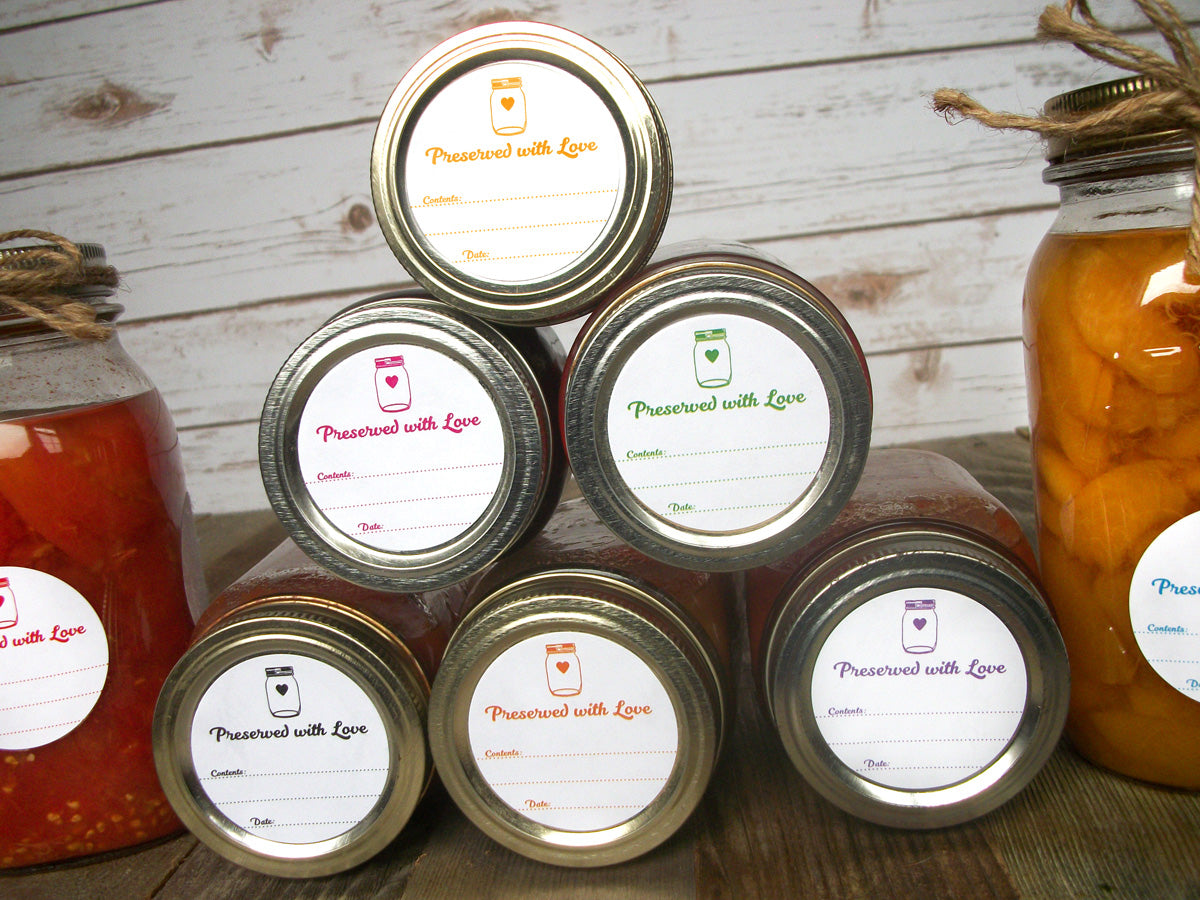 Preserved with Love Canning Jar Labels in 9 color options | CanningCrafts.com