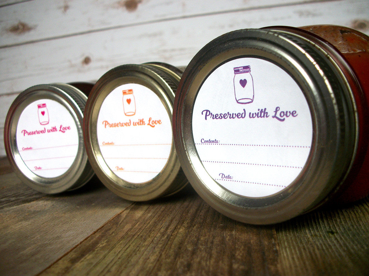 Preserved with Love Canning Jam Jar Labels in 9 color options | CanningCrafts.com