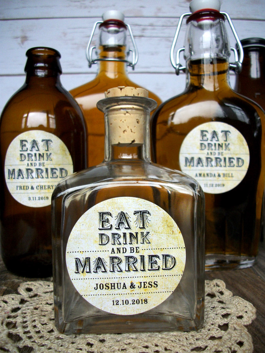 custom vintage Eat Drink and Be Married wedding labels | CanningCrafts.com