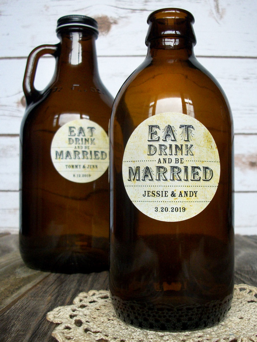 custom vintage Eat Drink and Be Married wedding wine labels | CanningCrafts.com