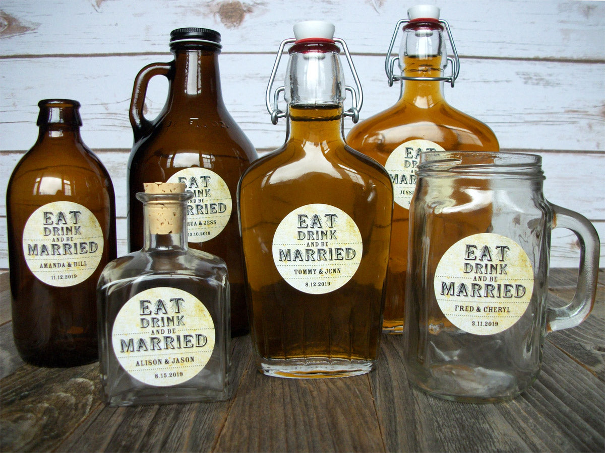 custom vintage Eat Drink and Be Married wedding alcohol bottle labels | CanningCrafts.com