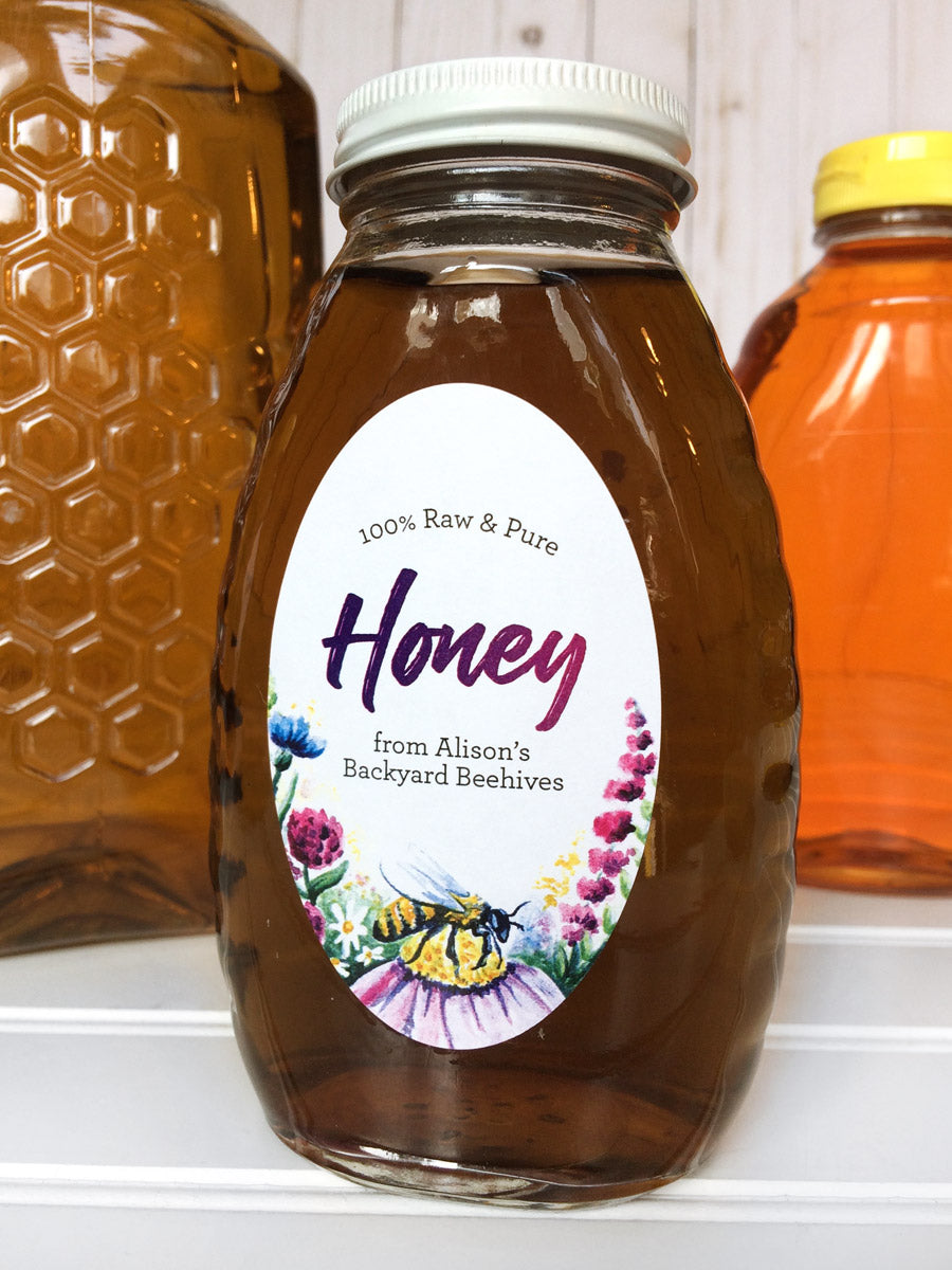 Custom Watercolor Wildflower Large Oval Honey Bottle Labels | CanningCrafts.com
