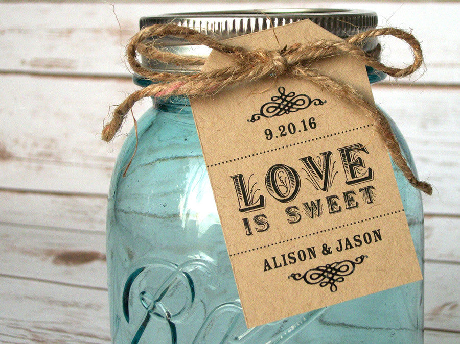 100 Wedding Favor Gift Tags / Place Cards / Escort Tags / Thank You Tags /  Shower Tags / Love Is Sweet / Honey Jar / Jam Labels - Vintage